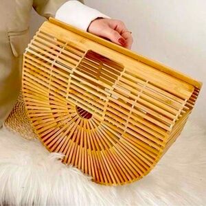 NWOT Bamboo Basket Handbag Natural Tan Woven Purse Summer Tote